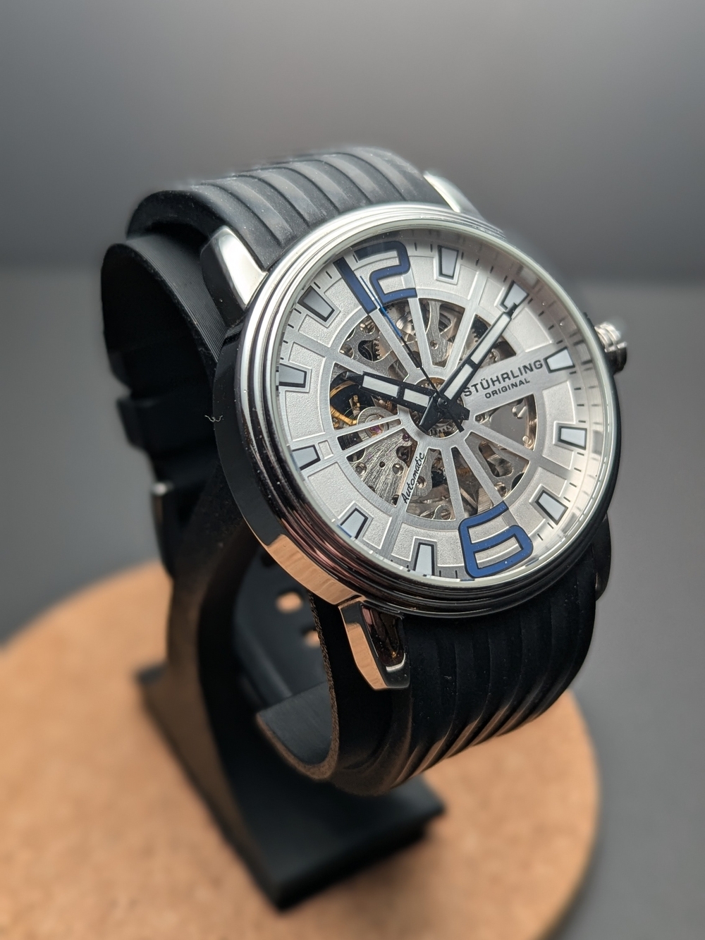 Stuhrling Original Silver Dial Black Strap Watch with Blue Accents